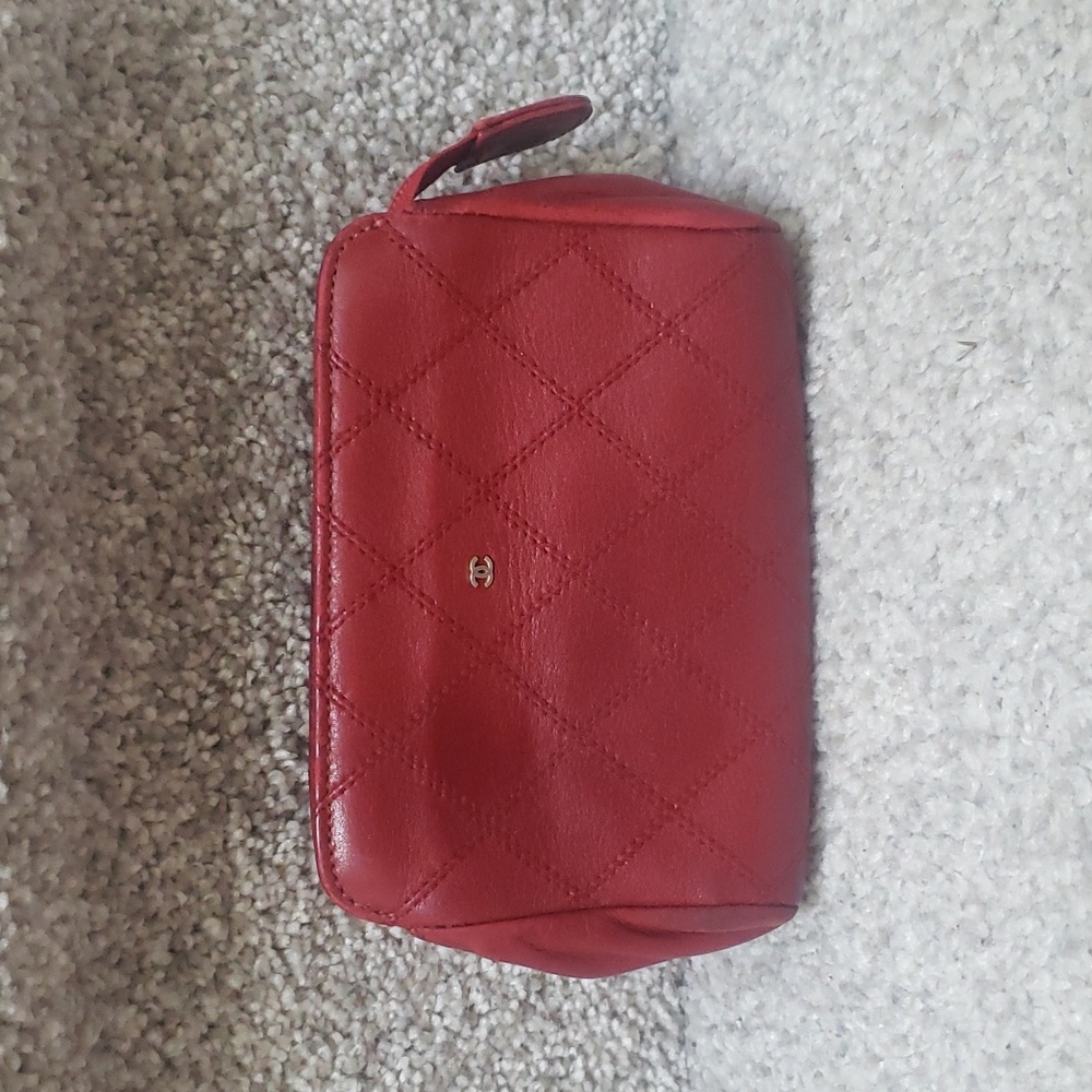 Chanel quilted red zip Make Up pouch Cosemetic Bag Authentic